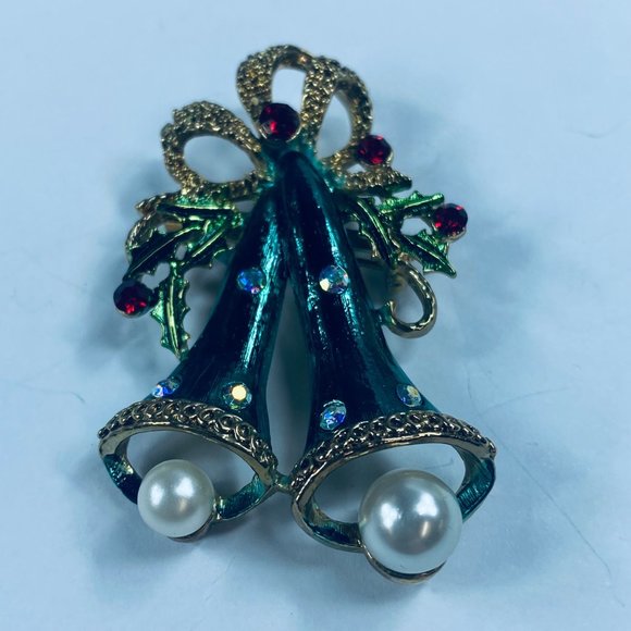 Long Two Bell Christmas Holiday Brooch Pin Holly Faux Pearls Rhinestone Bows - Picture 13 of 16